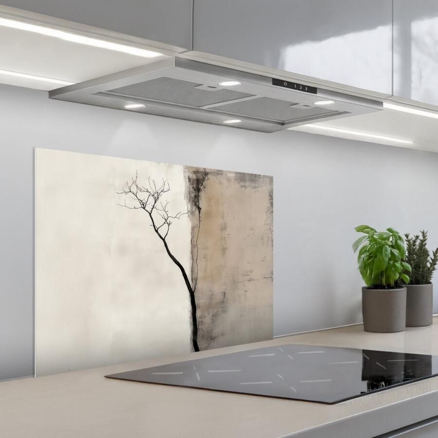 KitchenYeah Spatscherm 70x50 cm Zelfklevende achterwand Wabi sabi Plant Beige Keuken muurbeschermer Spatwand fornuis