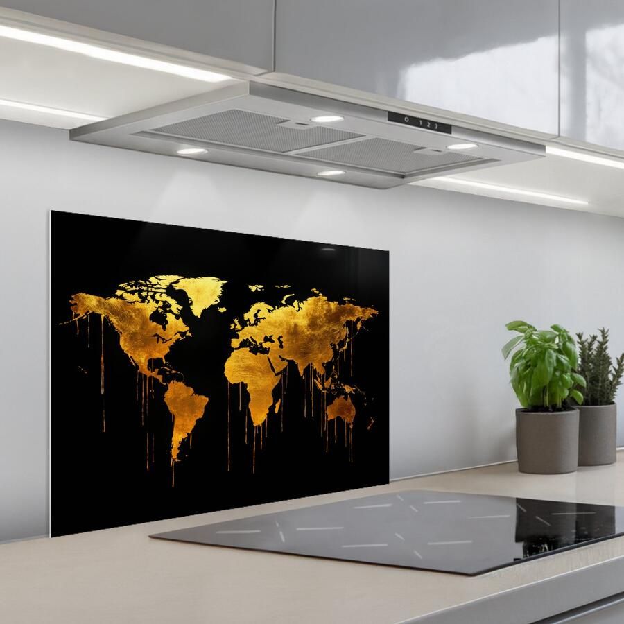 KitchenYeah Spatscherm 70x50 cm Zelfklevende achterwand Wereldkaart Goud Druipen Zwart Keuken muurbeschermer Spatwand fornuis
