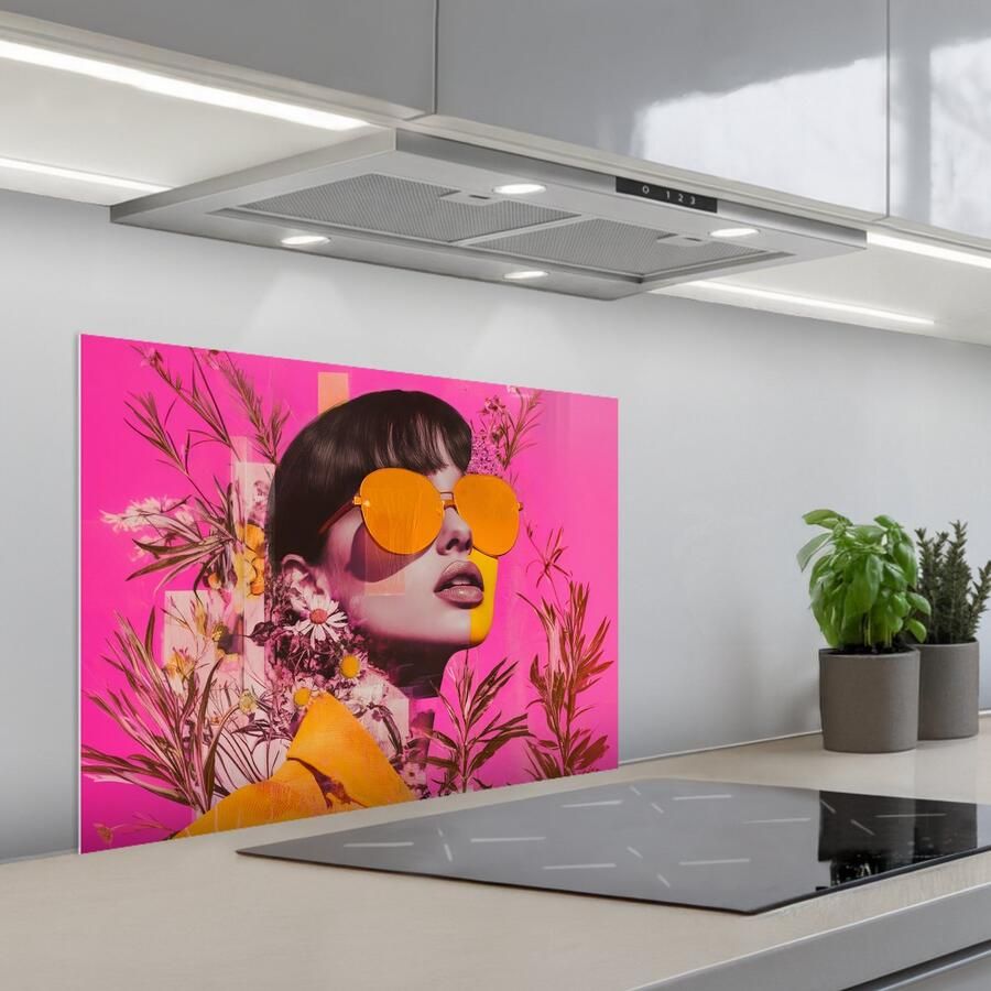 KitchenYeah Spatscherm 70x50 cm Zelfklevende achterwand Zonnebril Oranje Vrouw Planten Keuken muurbeschermer Spatwand fornuis