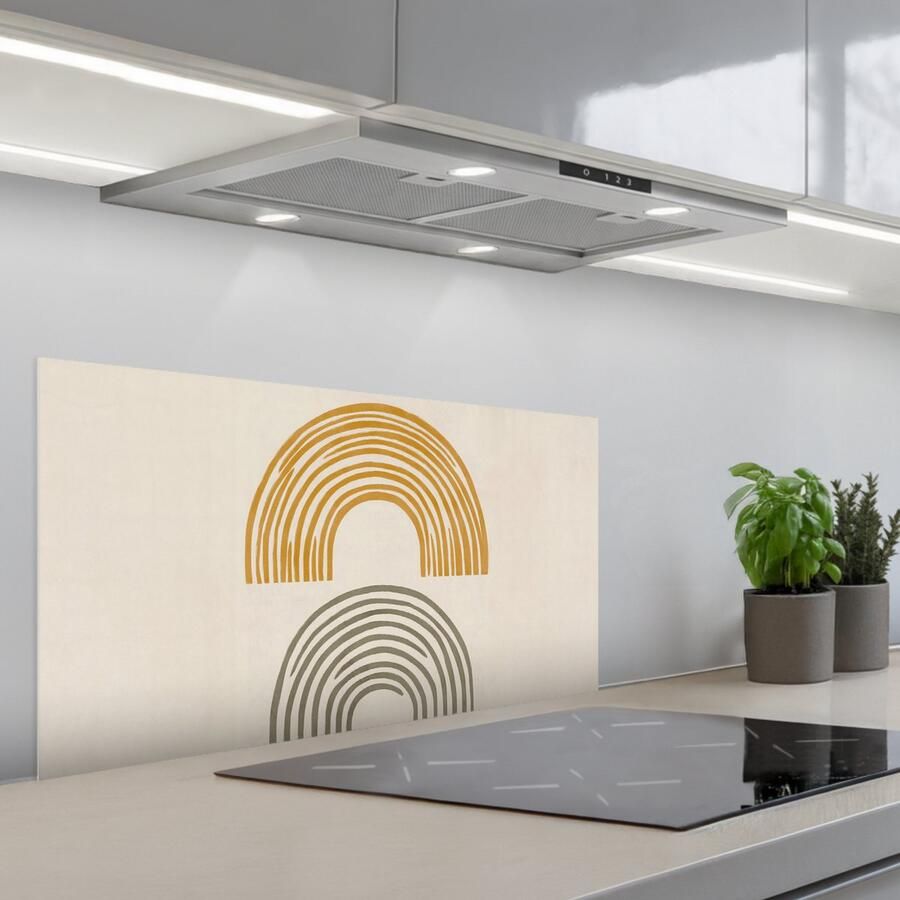 KitchenYeah Spatscherm 80x40 cm Zelfklevende achterwand Bogen Lijnen Oranje Minimalistisch Keuken muurbeschermer Spatwand fornuis