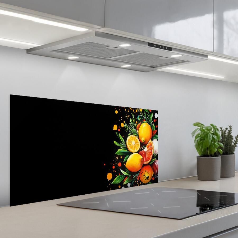 KitchenYeah Spatscherm 90x45 cm Zelfklevende achterwand Citroenen Zwart Kruiden Graffiti Verf Keuken muurbeschermer Spatwand fornuis
