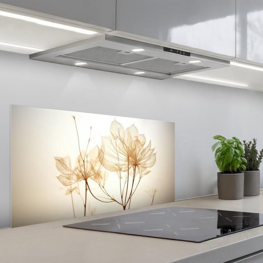 KitchenYeah Spatscherm 90x45 cm Zelfklevende achterwand Droogbloemen Beige Planten Wit Keuken muurbeschermer Spatwand fornuis