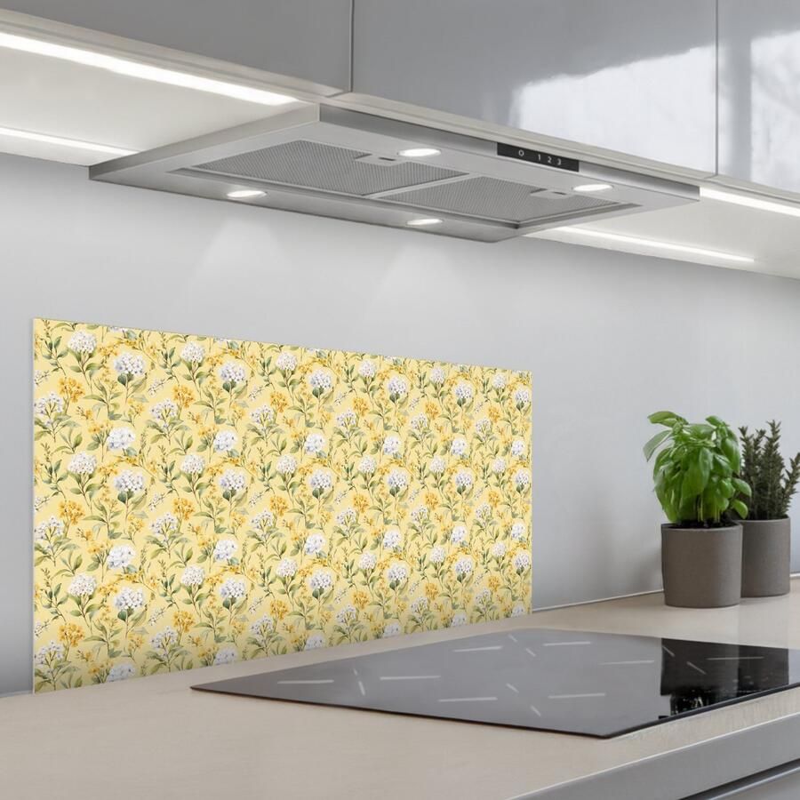 KitchenYeah Spatscherm 80x40 cm Zelfklevende achterwand Frans Citroen Bloesem Wit Geel Keuken muurbeschermer Spatwand fornuis