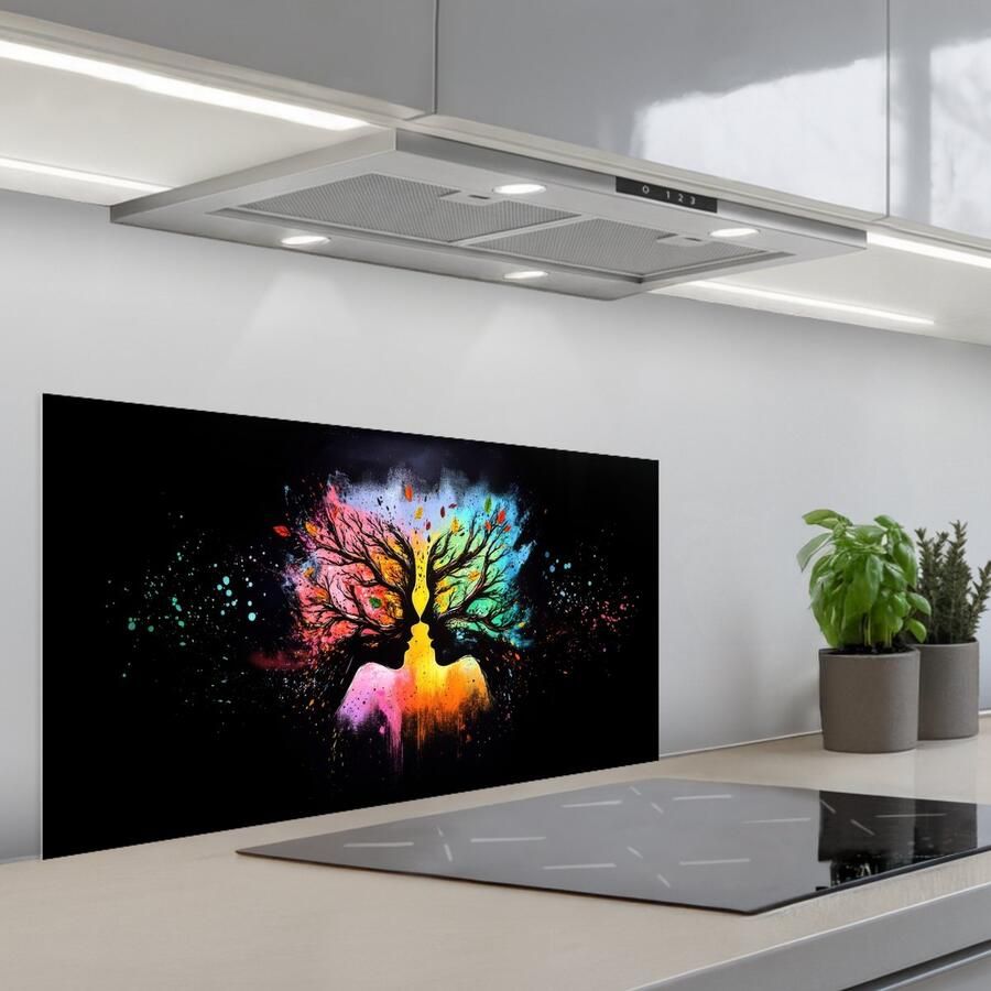 KitchenYeah Spatscherm 80x40 cm Zelfklevende achterwand Gezichten Silhouetten Kleurrijk Takken Keuken muurbeschermer Spatwand fornuis