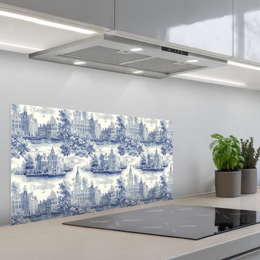 KitchenYeah Spatscherm 80x40 cm Zelfklevende achterwand Huizen Bomen Water Vogels Blauw Keuken muurbeschermer Spatwand fornuis