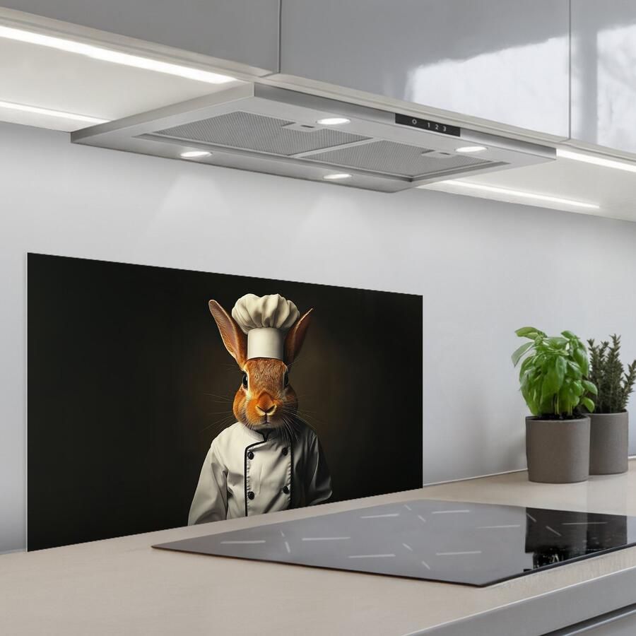 KitchenYeah Spatscherm 90x45 cm Zelfklevende achterwand Konijn Kok Dier Keuken muurbeschermer Spatwand fornuis