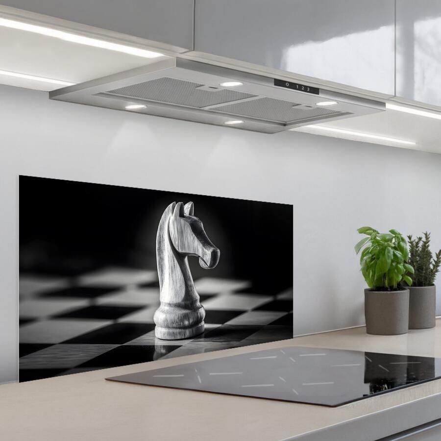 KitchenYeah Spatscherm 80x40 cm Zelfklevende achterwand Paard Hout Schaalbord Zwart Keuken muurbeschermer Spatwand fornuis