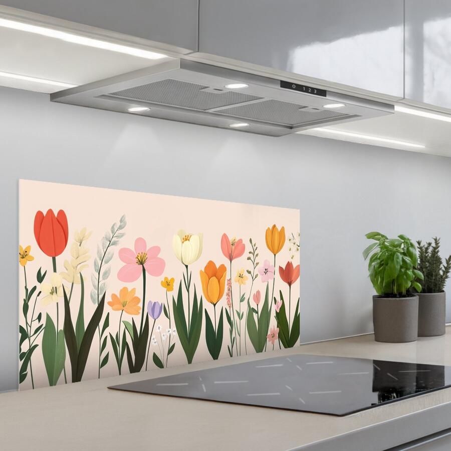 KitchenYeah Spatscherm 80x40 cm Zelfklevende achterwand Pasteltinten Bloemen Illustratie Keuken muurbeschermer Spatwand fornuis