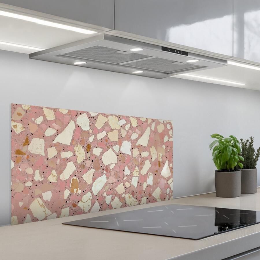 KitchenYeah Spatscherm 80x40 cm Zelfklevende achterwand Roze Decoratie Stenen Terrazzo Keuken muurbeschermer Spatwand fornuis