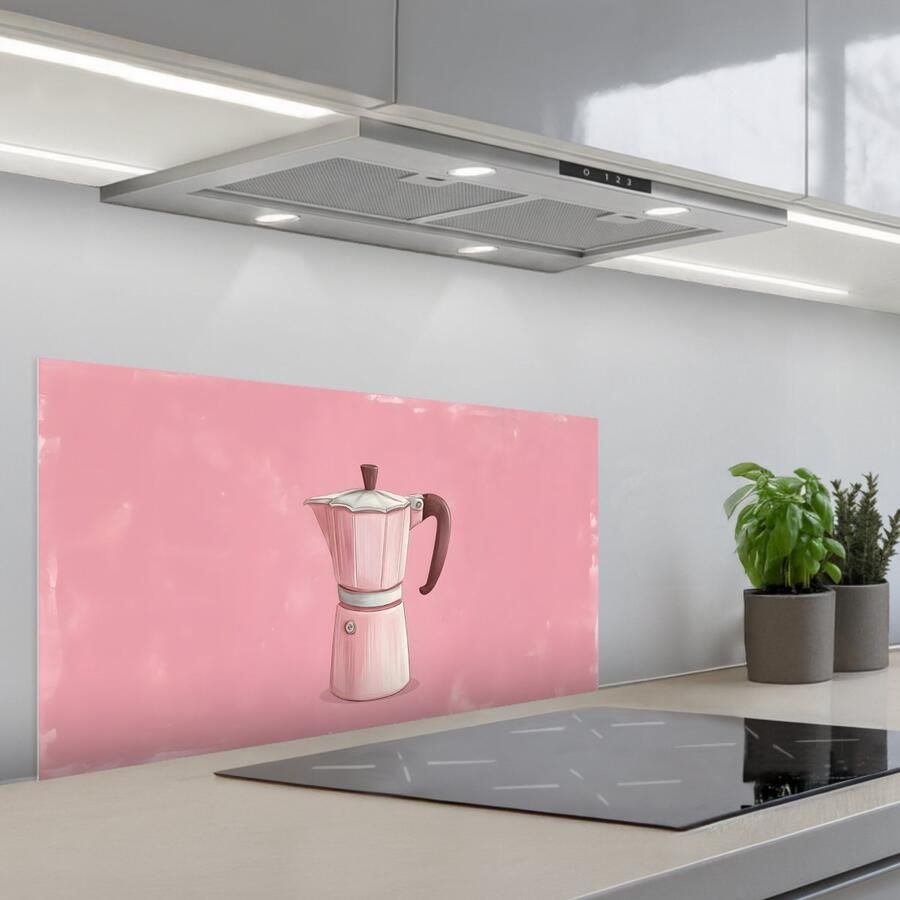 KitchenYeah Spatscherm 80x40 cm Zelfklevende achterwand Roze Mokkapot Illustratie Koffie Keuken muurbeschermer Spatwand fornuis