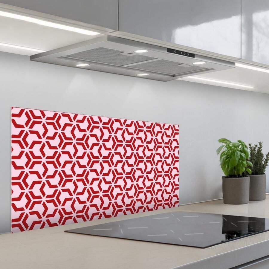 KitchenYeah Spatscherm 90x45 cm Zelfklevende achterwand Roze Rood Geometrisch Patroon Keuken muurbeschermer Spatwand fornuis