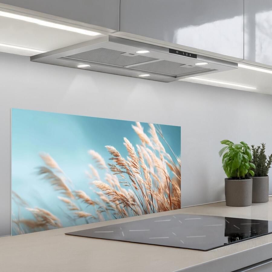 KitchenYeah Spatscherm 80x40 cm Zelfklevende achterwand Siergras Wind Lichtbruin Keuken muurbeschermer Spatwand fornuis