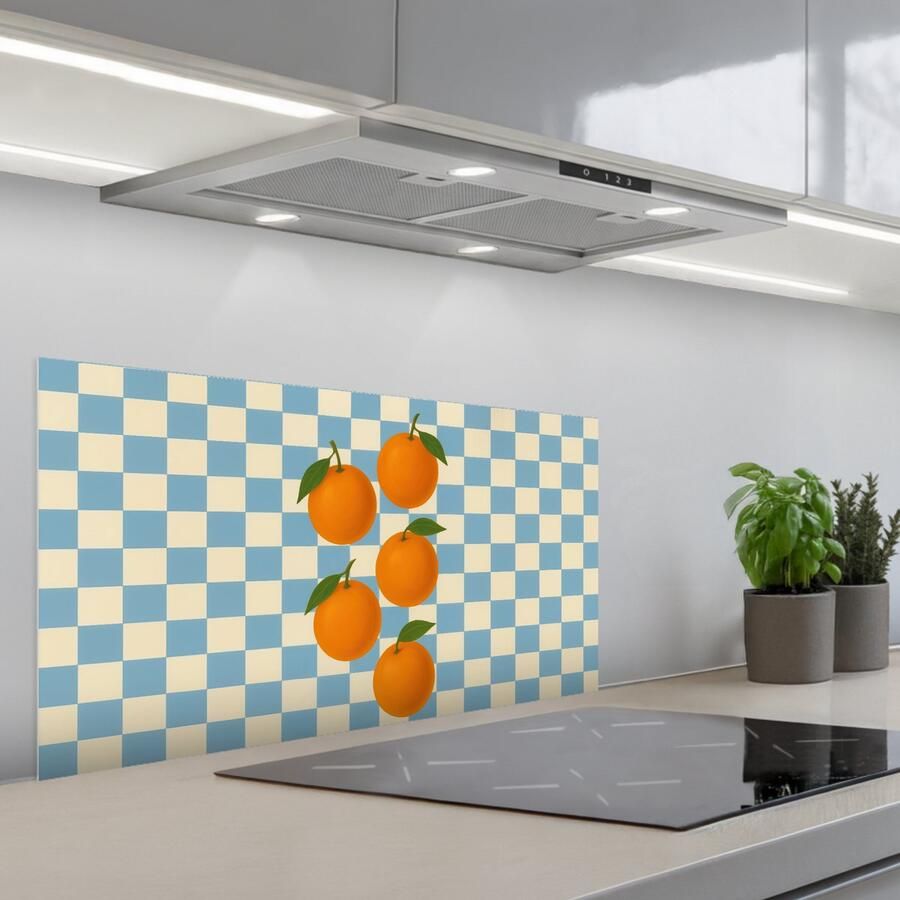 KitchenYeah Spatscherm 80x40 cm Zelfklevende achterwand Sinaasappels Blaadjes Geblokt Blauw Keuken muurbeschermer Spatwand fornuis