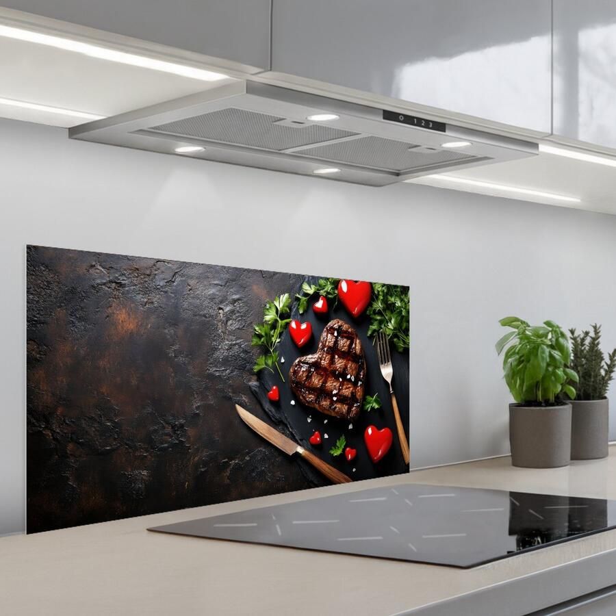 KitchenYeah Spatscherm 80x40 cm Zelfklevende achterwand Steak Hart Bestek Keuken muurbeschermer Spatwand fornuis