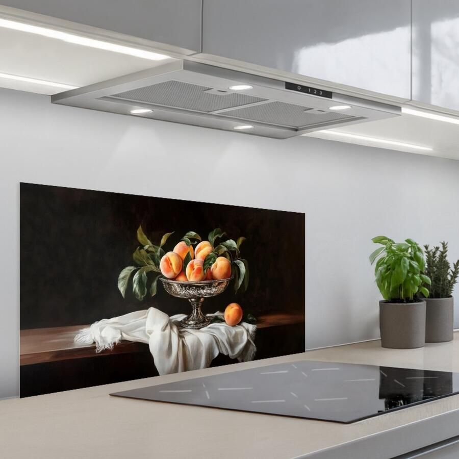 KitchenYeah Spatscherm 90x45 cm Zelfklevende achterwand Stilleven Perziken Vintage Keuken muurbeschermer Spatwand fornuis