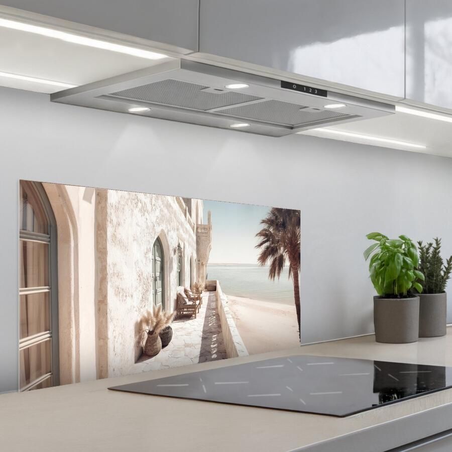 KitchenYeah Spatscherm 80x40 cm Zelfklevende achterwand Terras Stoelen Strand Beige Keuken muurbeschermer Spatwand fornuis