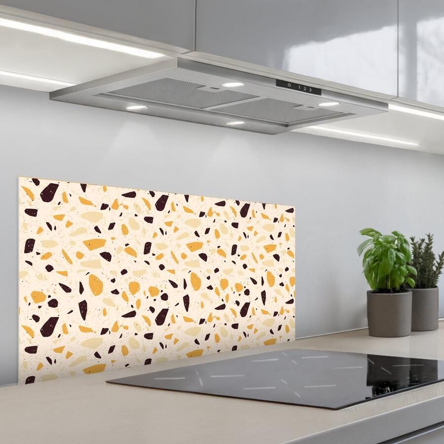 KitchenYeah Spatscherm 80x40 cm Zelfklevende achterwand Terrazzo Patroon Geel Keuken muurbeschermer Spatwand fornuis