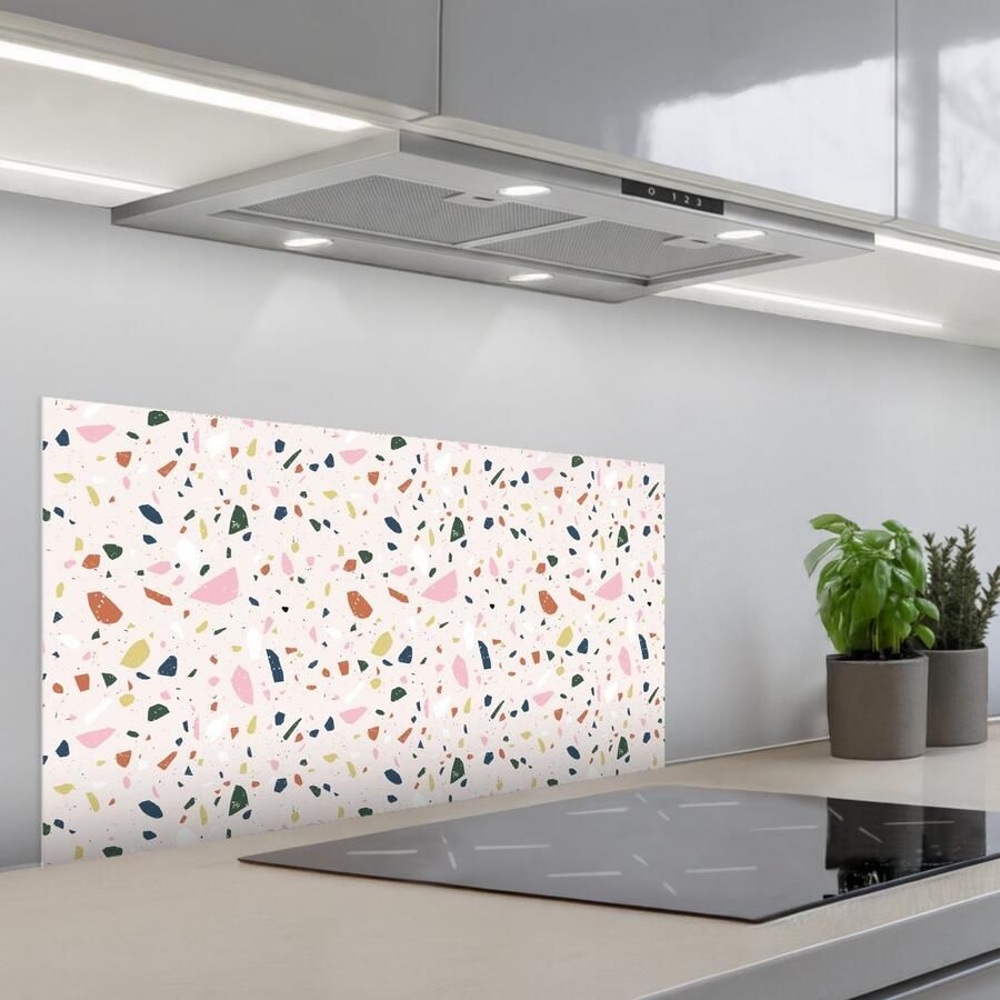 KitchenYeah Spatscherm 90x45 cm Zelfklevende achterwand Terrazzo Patroon Kleurrijk Keuken muurbeschermer Spatwand fornuis