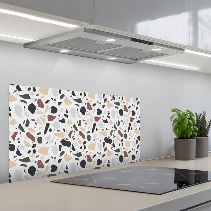 KitchenYeah Spatscherm 90x45 cm Zelfklevende achterwand Terrazzo Patroon Kleurrijk Klei Keuken muurbeschermer Spatwand fornuis