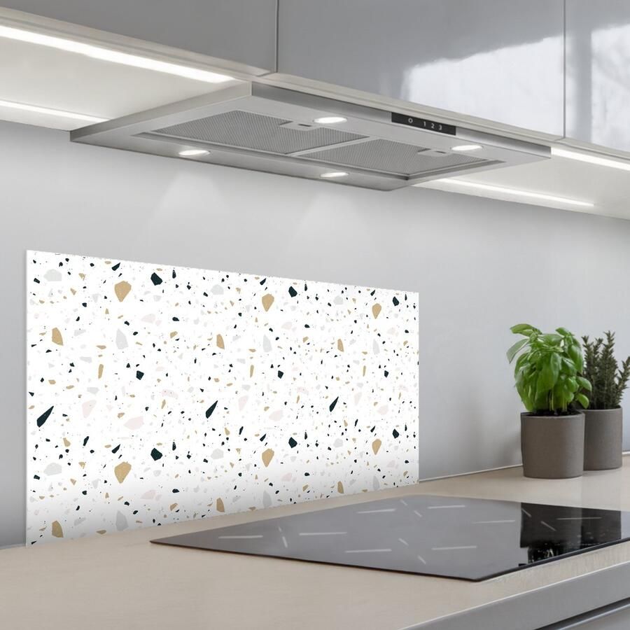 KitchenYeah Spatscherm 90x45 cm Zelfklevende achterwand Terrazzo Patroon Wit Neutraal Keuken muurbeschermer Spatwand fornuis
