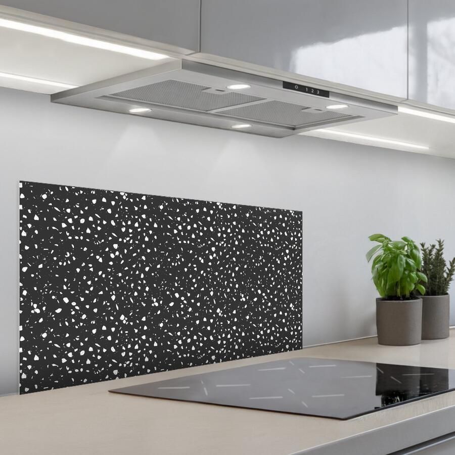 KitchenYeah Spatscherm 90x45 cm Zelfklevende achterwand Terrazzo Patroon Zwart Wit Keuken muurbeschermer Spatwand fornuis