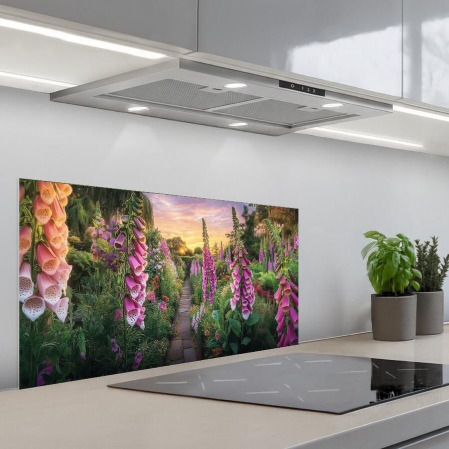 KitchenYeah Spatscherm 90x45 cm Zelfklevende achterwand Vingerhoedskruid Bloemen Tuin Keuken muurbeschermer Spatwand fornuis
