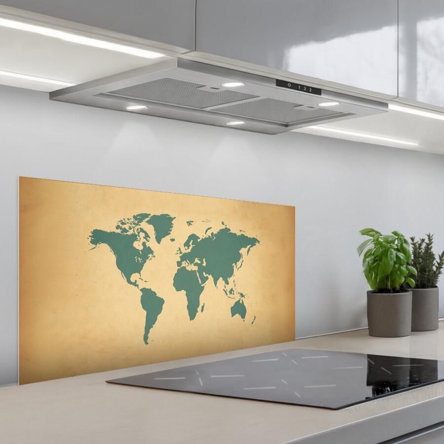 KitchenYeah Spatscherm 80x40 cm Zelfklevende achterwand Wereldkaart Egaal groen Minimalistisch Keuken muurbeschermer Spatwand fornuis
