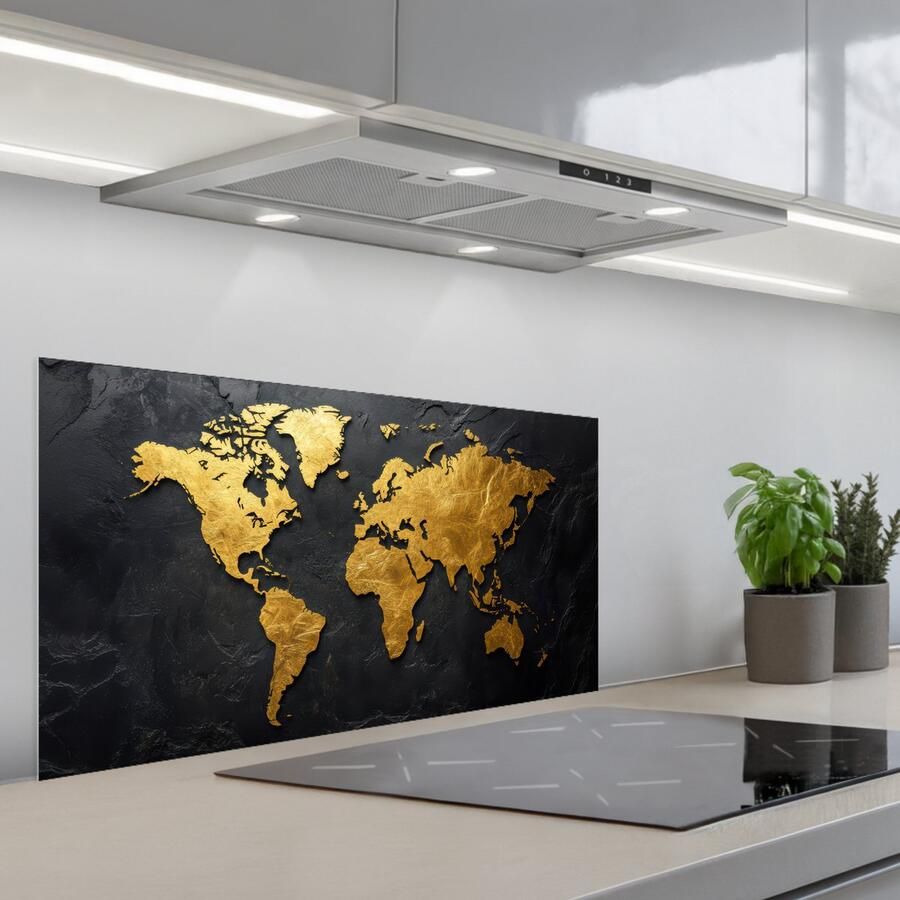 KitchenYeah Spatscherm 90x45 cm Zelfklevende achterwand Wereldkaart Goud Steen Keuken muurbeschermer Spatwand fornuis
