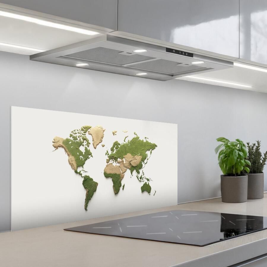 KitchenYeah Spatscherm 80x40 cm Zelfklevende achterwand Wereldkaart Reliëf Aardekleruige tinten Keuken muurbeschermer Spatwand fornuis