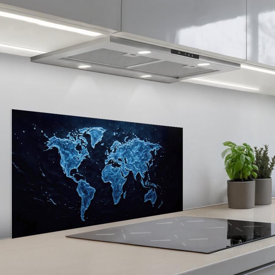 KitchenYeah Spatscherm 80x40 cm Zelfklevende achterwand Wereldkaart Waterstructuur Blauw Keuken muurbeschermer Spatwand fornuis