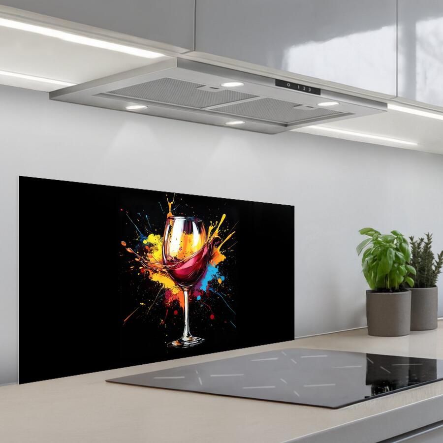 KitchenYeah Spatscherm 80x40 cm Zelfklevende achterwand Wijn Glas Graffiti Borrel Rood Verf Keuken muurbeschermer Spatwand fornuis