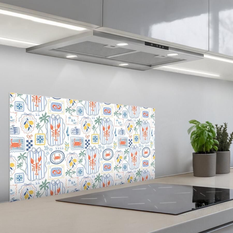 KitchenYeah Spatscherm 80x40 cm Zelfklevende achterwand Zee Sfeer Krab Blauw Keuken muurbeschermer Spatwand fornuis