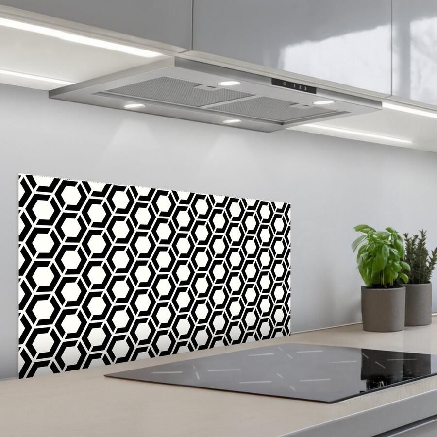 KitchenYeah Spatscherm 90x45 cm Zelfklevende achterwand Zwart Wit Geometrisch Patroon Keuken muurbeschermer Spatwand fornuis
