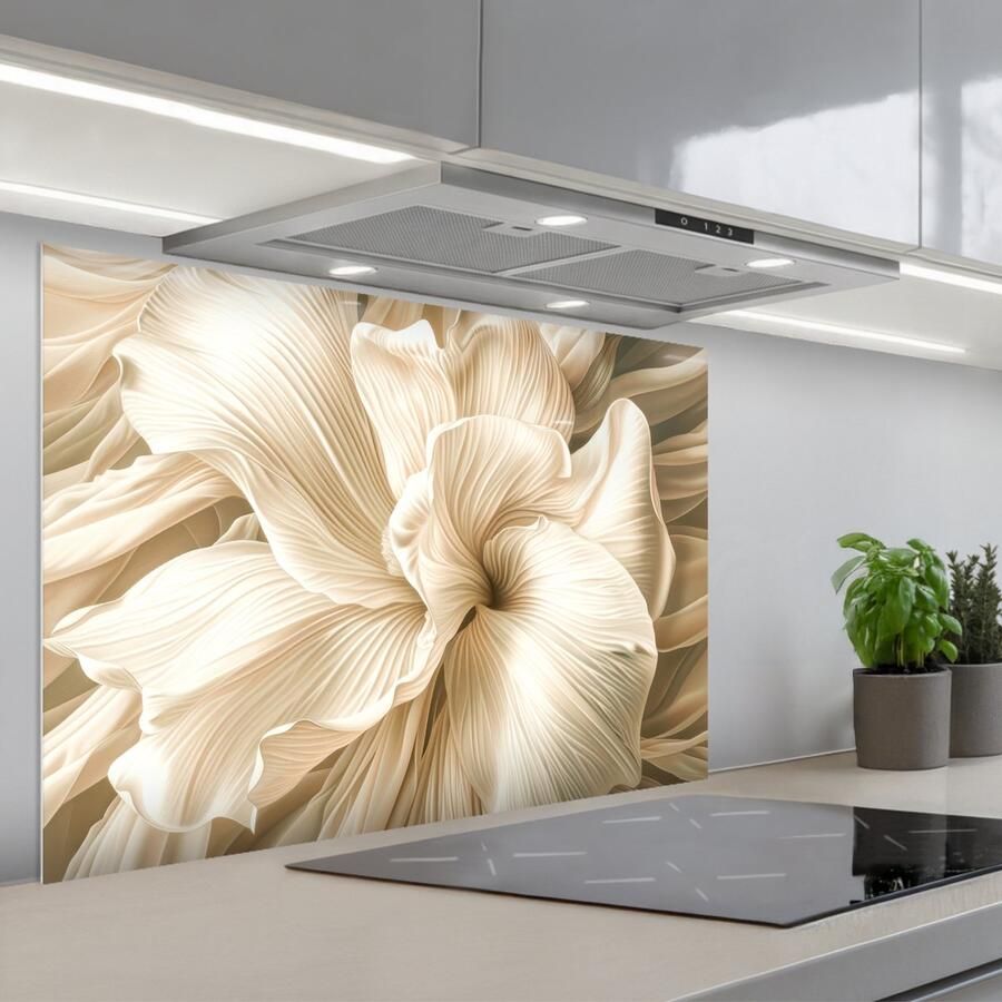 KitchenYeah Spatscherm 90x60 cm Zelfklevende achterwand Abstract Beige Bloemen Natuur Keuken muurbeschermer Spatwand fornuis