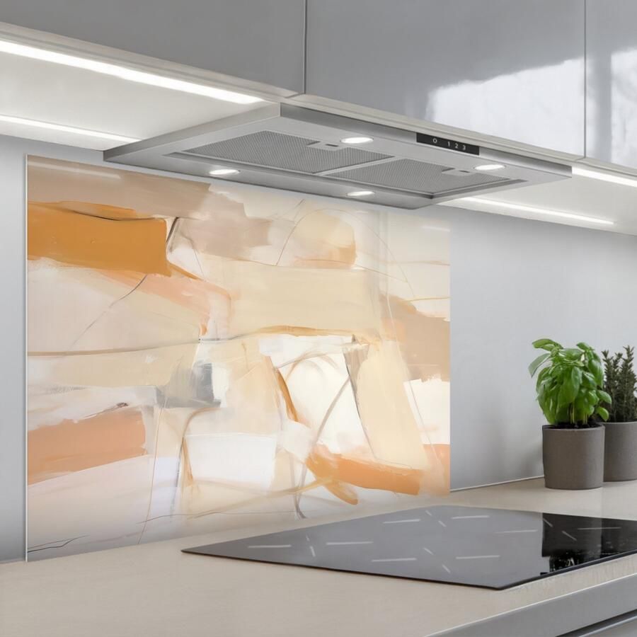 KitchenYeah Spatscherm 90x60 cm Zelfklevende achterwand Abstract Beige Oranje Kunst Modern Keuken muurbeschermer Spatwand fornuis