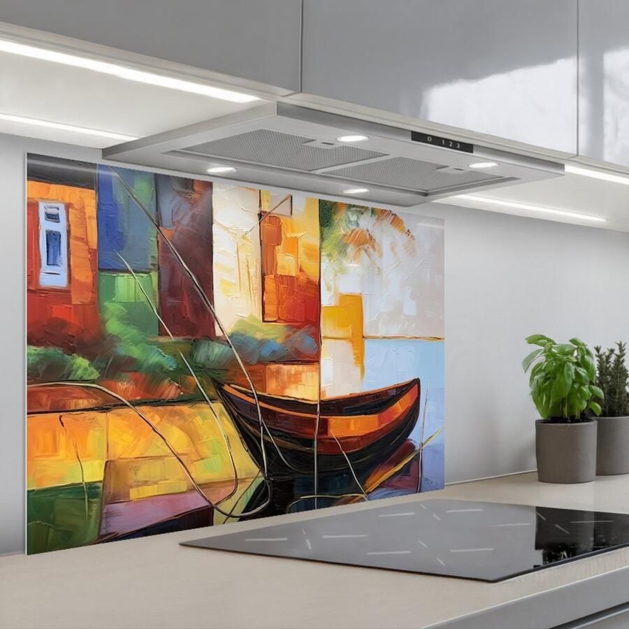 KitchenYeah Spatscherm 90x60 cm Zelfklevende achterwand Abstract Kunst Boot Kleuren Keuken muurbeschermer Spatwand fornuis