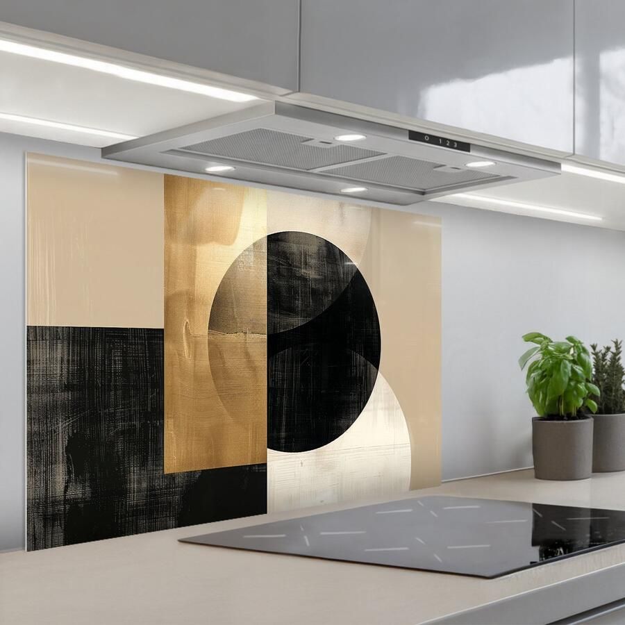 KitchenYeah Spatscherm 90x60 cm Zelfklevende achterwand Abstract Modern Zwart Goud Keuken muurbeschermer Spatwand fornuis - Foto 1