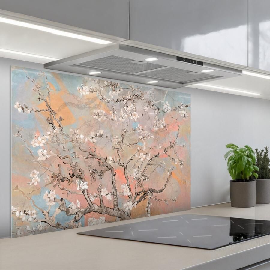 KitchenYeah Spatscherm 90x60 cm Zelfklevende achterwand Amandelbloesem Kunst Van Gogh Pastel Keuken muurbeschermer Spatwand fornuis