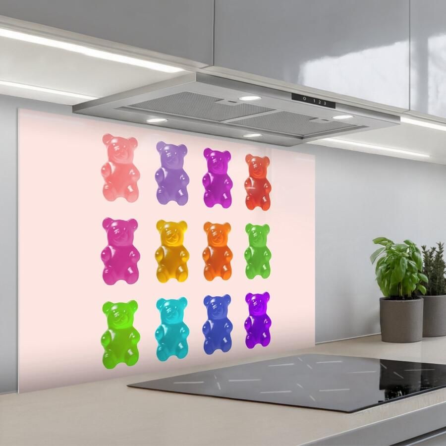 KitchenYeah Spatscherm 80x55 cm Zelfklevende achterwand Beer Kleurrijk Snoep Keuken muurbeschermer Spatwand fornuis