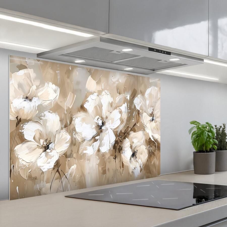 KitchenYeah Spatscherm 90x60 cm Zelfklevende achterwand Bloemen Beige Abstract Modern Keuken muurbeschermer Spatwand fornuis