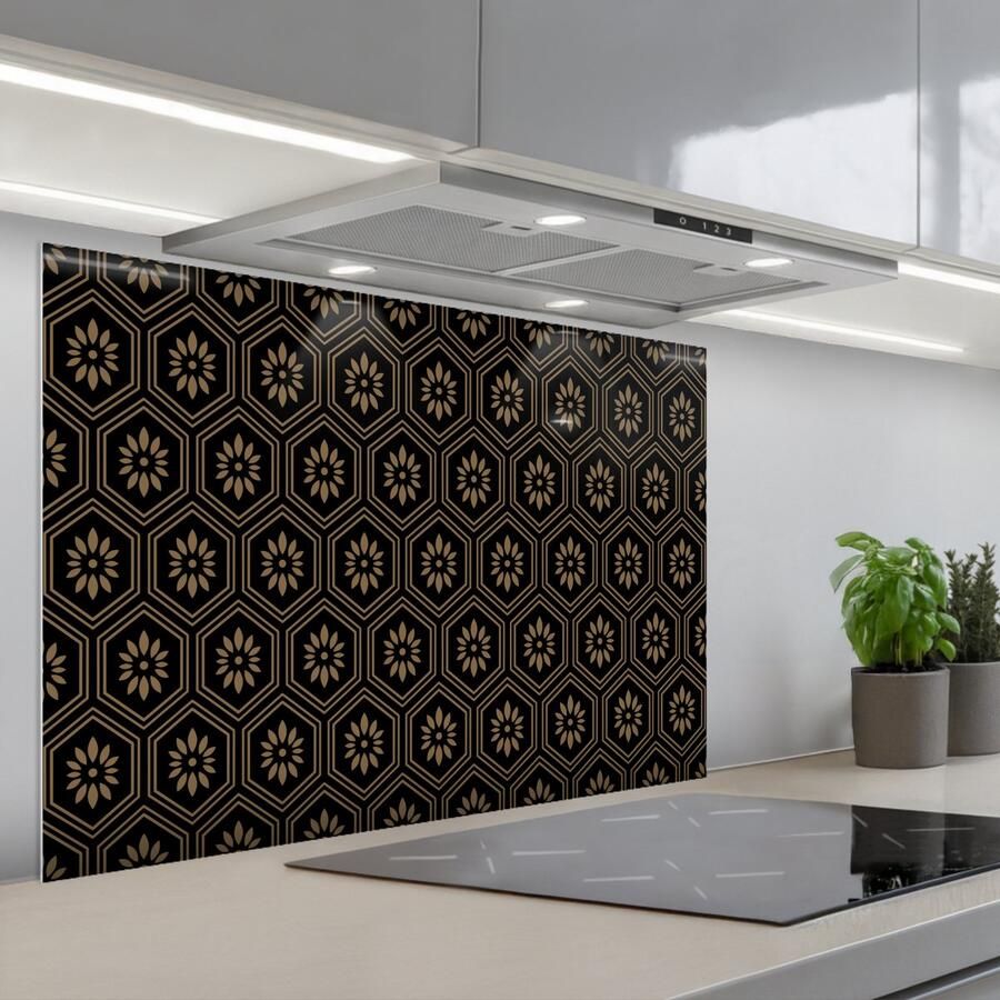 KitchenYeah Spatscherm 80x55 cm Zelfklevende achterwand Bloemen Goud Hexagon Keuken muurbeschermer Spatwand fornuis