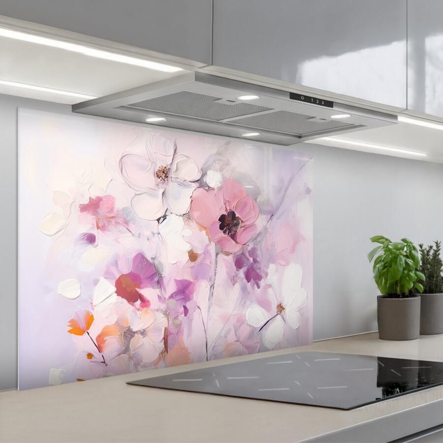 KitchenYeah Spatscherm 90x60 cm Zelfklevende achterwand Bloemen Lila Watercolor Kunst Keuken muurbeschermer Spatwand fornuis