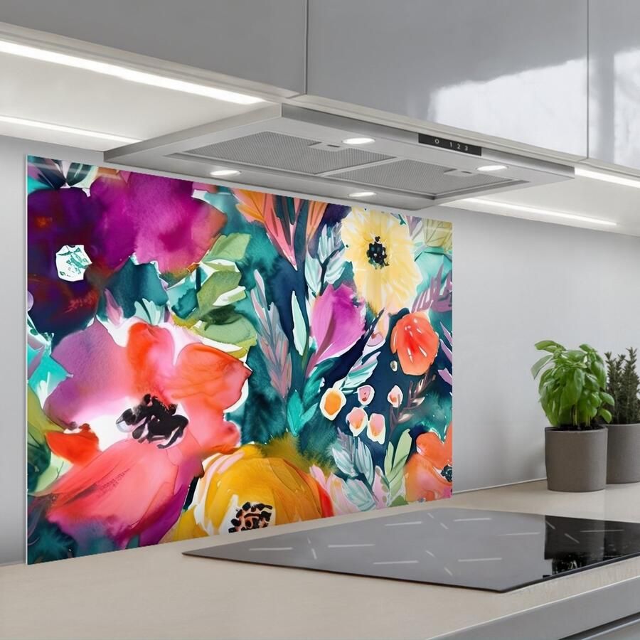 KitchenYeah Spatscherm 90x60 cm Zelfklevende achterwand Bloemen Olieverf Kunst Natuur Keuken muurbeschermer Spatwand fornuis
