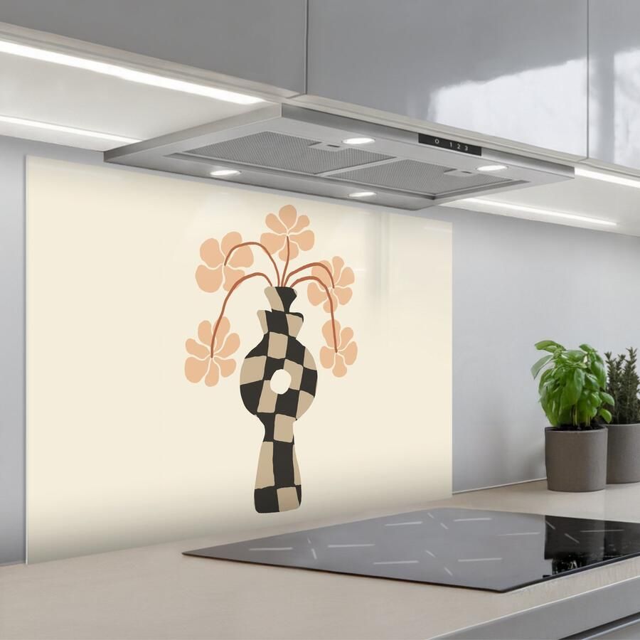 KitchenYeah Spatscherm 90x60 cm Zelfklevende achterwand Bloemen Vaas Abstracte kunst Modern Keuken muurbeschermer Spatwand fornuis
