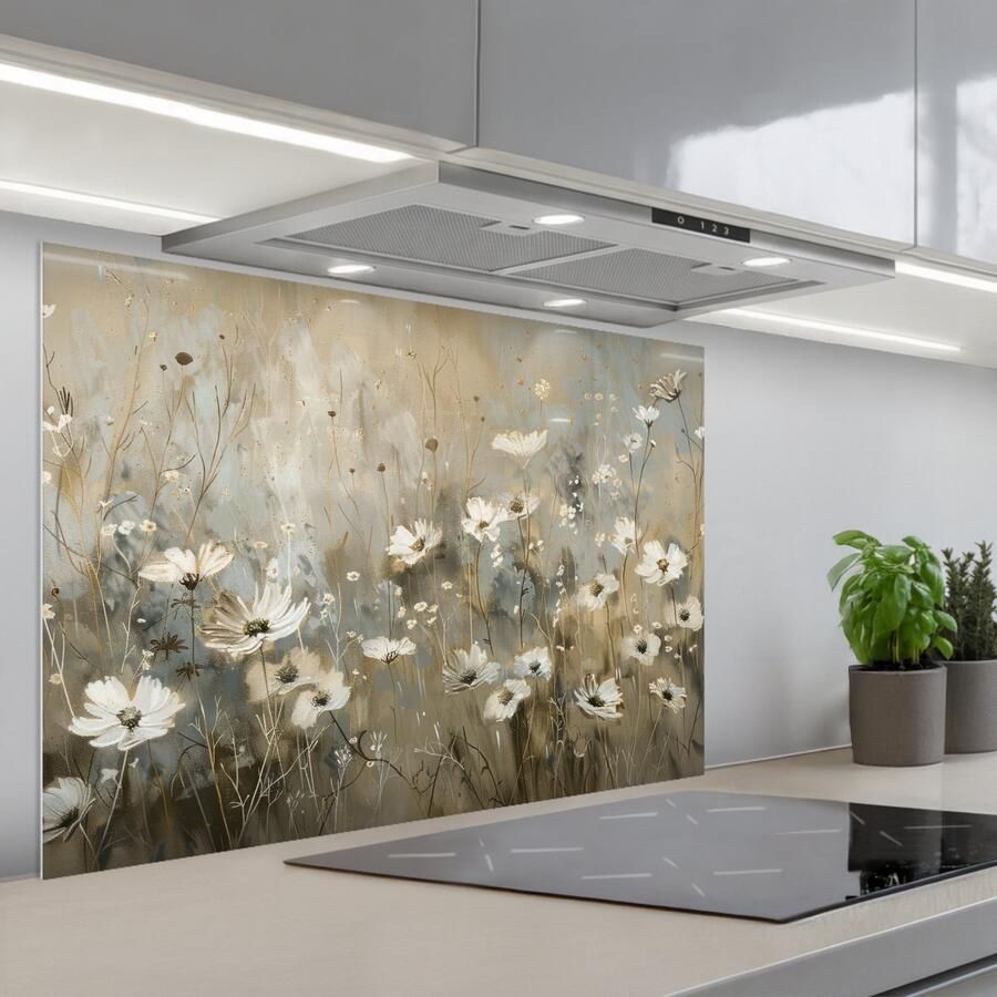 KitchenYeah Spatscherm 90x60 cm Zelfklevende achterwand Bloemen Wit Natuur Grijs Modern Keuken muurbeschermer Spatwand fornuis - Foto 1