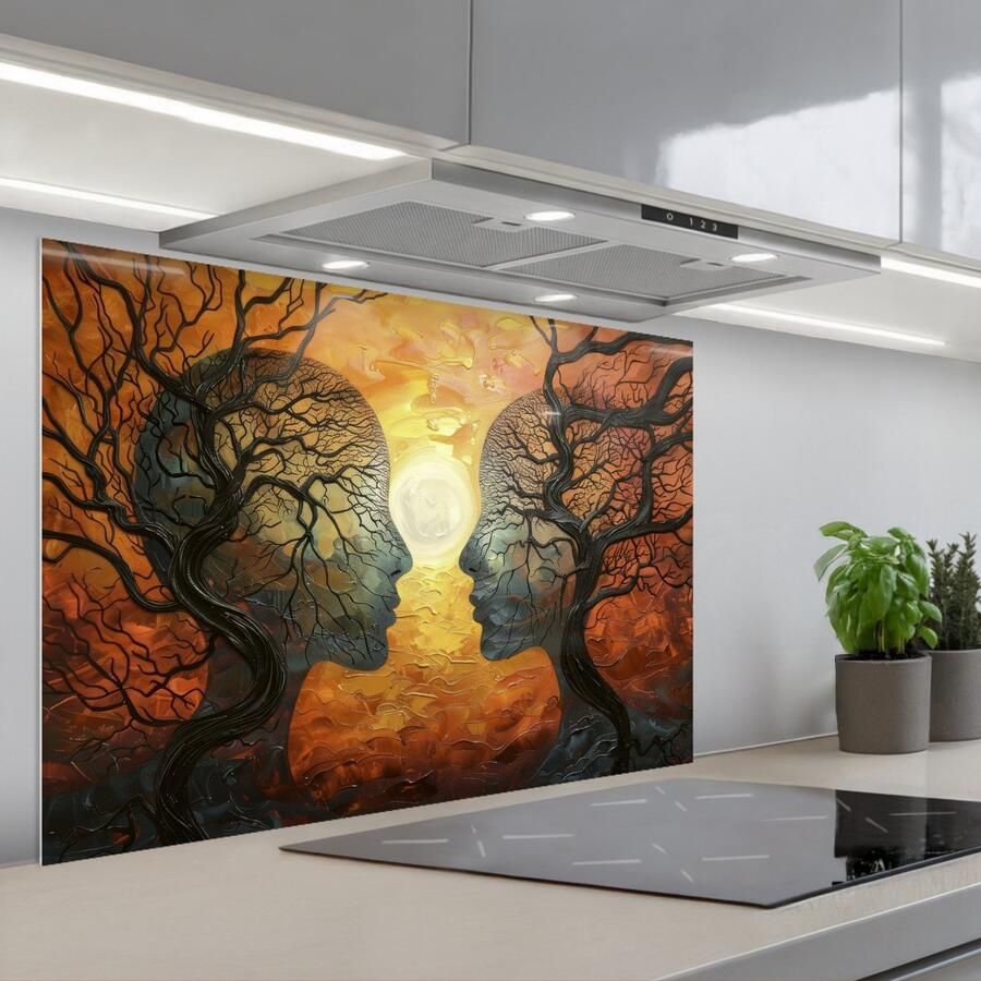 KitchenYeah Spatscherm 90x60 cm Zelfklevende achterwand Bomen Gezichten Zon Kunst Keuken muurbeschermer Spatwand fornuis