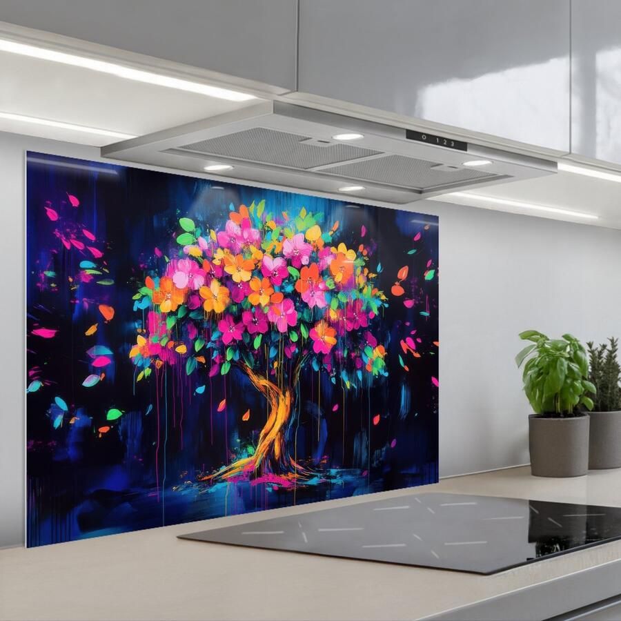 KitchenYeah Spatscherm 90x60 cm Zelfklevende achterwand Boom Bloemen Magisch Gekleurde Keuken muurbeschermer Spatwand fornuis