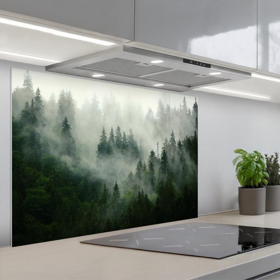 KitchenYeah Spatscherm 90x60 cm Zelfklevende achterwand Bos Mist Bomen Natuur Keuken muurbeschermer Spatwand fornuis