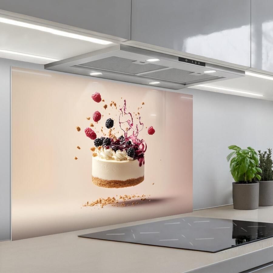 KitchenYeah Spatscherm 80x55 cm Zelfklevende achterwand Cheesecake Eten Roze Taart Keuken muurbeschermer Spatwand fornuis