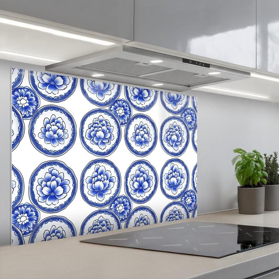 KitchenYeah Spatscherm 90x60 cm Zelfklevende achterwand Cirkels Bloemen Blauw Keuken muurbeschermer Spatwand fornuis